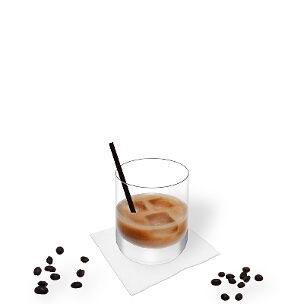 White Russian im Whisky-Glas mit einem Rührstab, die übliche Art diesen Winter-Cocktail zu präsentieren.